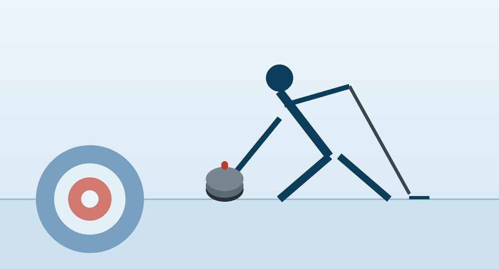 A stylized illustration of a curler sliding out of the hack to deliver a stone, broom in hand