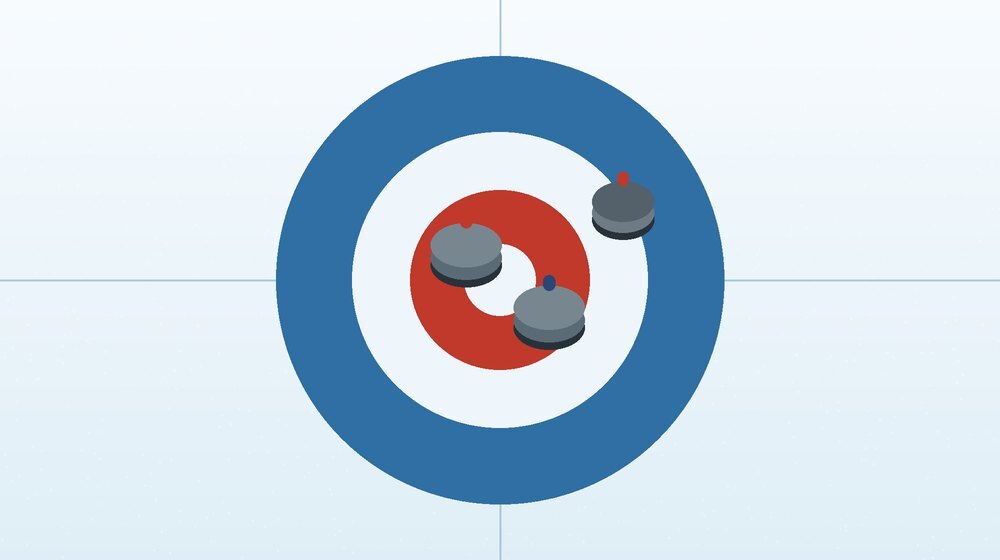 A top-down illustration of a curling sheet showing the house rings and several stones near the button